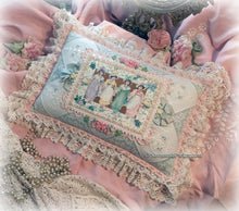 Load image into Gallery viewer, Exquisite Romantic Antique Lace and Silk Ribbonwork Handsewn Pillow - Gorgeous Shabby Chic Cottage - All Antique Laces - White Aqua Pink
