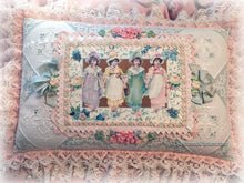 Load image into Gallery viewer, Exquisite Romantic Antique Lace and Silk Ribbonwork Handsewn Pillow - Gorgeous Shabby Chic Cottage - All Antique Laces - White Aqua Pink
