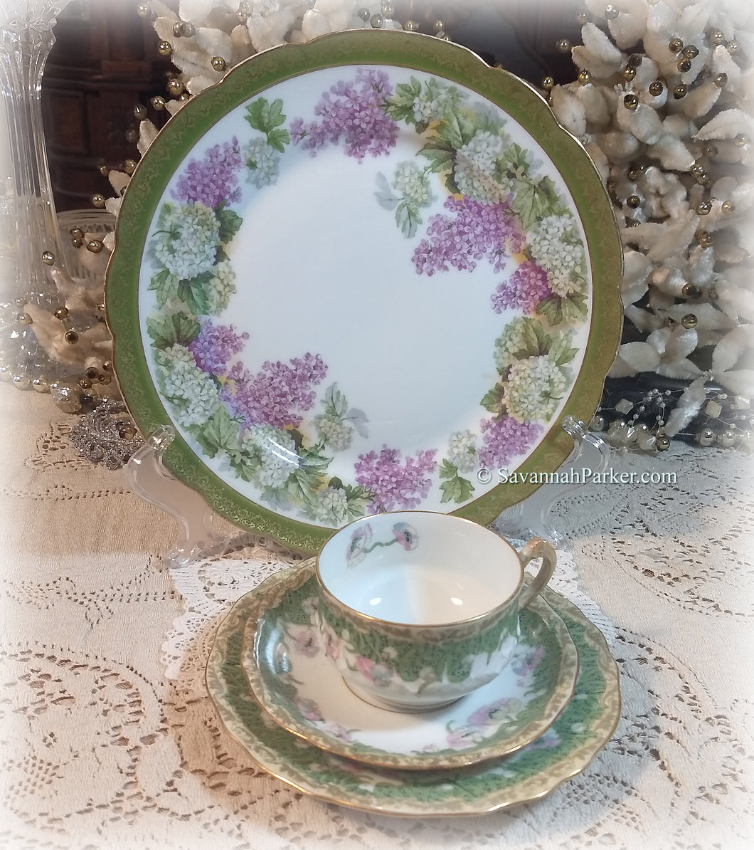 SOLD RARE Antique Exquisite 4 Piece Lilac and Green Limoges France Tea Trio/Quartet, Cup, Saucer, Dessert Plate, Luncheon Plate ~ J. Pouyat