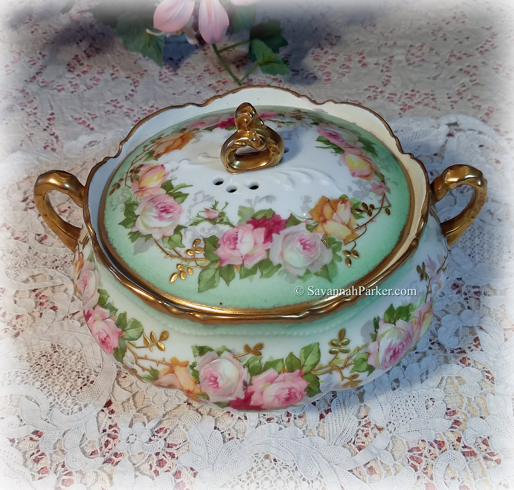 SOLD Antique Very Rare Vintage Limoges France Covered Serving Dish Bowl, Pink Roses, Exquisite Colors, Hand Painted, Raised Gold Applied Gilding