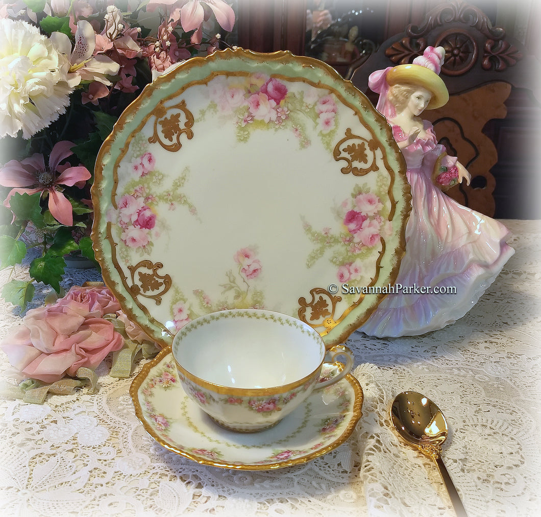 SOLD Beautiful Antique Limoges France Green and Pink w Applied Gold China Tea Trio, Cup, Saucer, Luncheon Plate ~ Handpainted ~ Shabby Chic