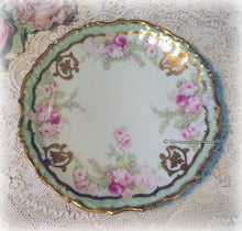 Load image into Gallery viewer, SOLD Beautiful Antique Limoges France Green and Pink w Applied Gold China Tea Trio, Cup, Saucer, Luncheon Plate ~ Handpainted ~ Shabby Chic
