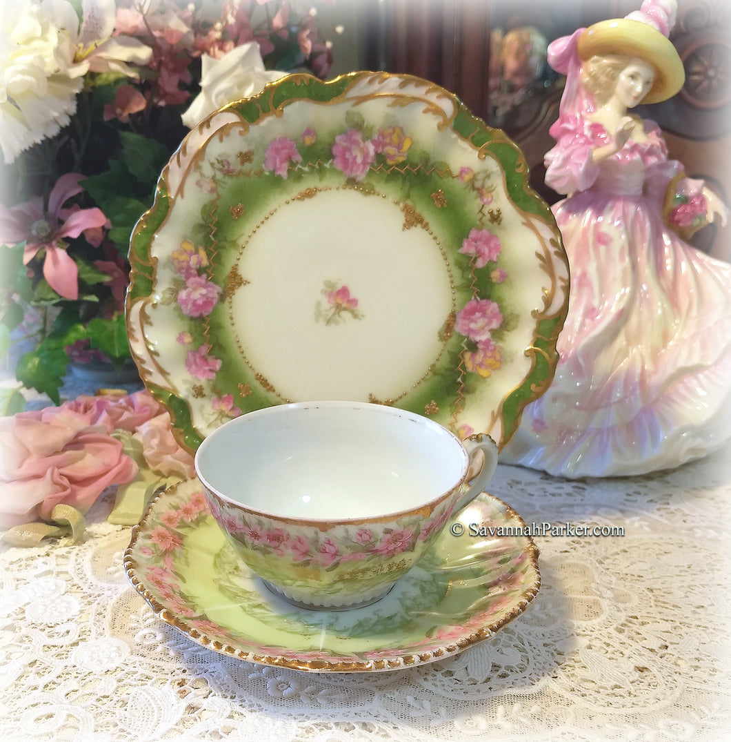 SOLD Pretty Antique Limoges France Green Pink and Gold China Tea Trio, Cup, Saucer, Luncheon Plate ~ Hand Applied Gold ~ Shabby Chic