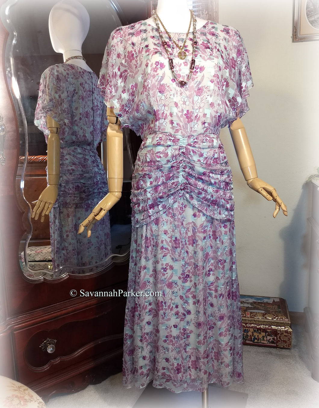SOLD Exquisite Vintage 1980s Does 1930s Dress / Designed by Icinoo (Silk Farm) / Multilayered / Orchid Purple and Pale Blue Sheer Silk Chiffon