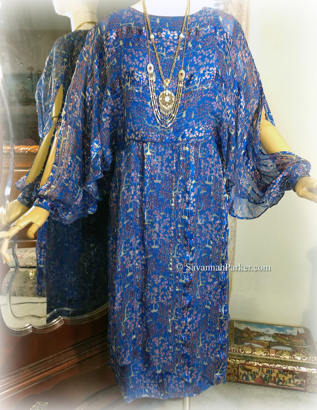 SOLD Vintage Deep Royal Blue Pink Metallic Boho 70s 80s Silk Dress / Joseph Magnin / The Silk Farm Designed by Icinoo / Glittering Gold Threads
