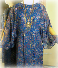 Load image into Gallery viewer, SOLD Vintage Deep Royal Blue Pink Metallic Boho 70s 80s Silk Dress / Joseph Magnin / The Silk Farm Designed by Icinoo / Glittering Gold Threads
