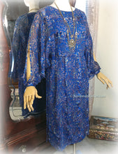 Load image into Gallery viewer, SOLD Vintage Deep Royal Blue Pink Metallic Boho 70s 80s Silk Dress / Joseph Magnin / The Silk Farm Designed by Icinoo / Glittering Gold Threads
