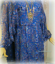 Load image into Gallery viewer, SOLD Vintage Deep Royal Blue Pink Metallic Boho 70s 80s Silk Dress / Joseph Magnin / The Silk Farm Designed by Icinoo / Glittering Gold Threads
