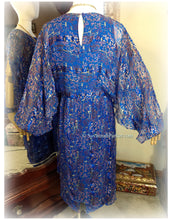 Load image into Gallery viewer, SOLD Vintage Deep Royal Blue Pink Metallic Boho 70s 80s Silk Dress / Joseph Magnin / The Silk Farm Designed by Icinoo / Glittering Gold Threads

