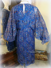 Load image into Gallery viewer, SOLD Vintage Deep Royal Blue Pink Metallic Boho 70s 80s Silk Dress / Joseph Magnin / The Silk Farm Designed by Icinoo / Glittering Gold Threads
