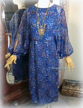 Load image into Gallery viewer, SOLD Vintage Deep Royal Blue Pink Metallic Boho 70s 80s Silk Dress / Joseph Magnin / The Silk Farm Designed by Icinoo / Glittering Gold Threads
