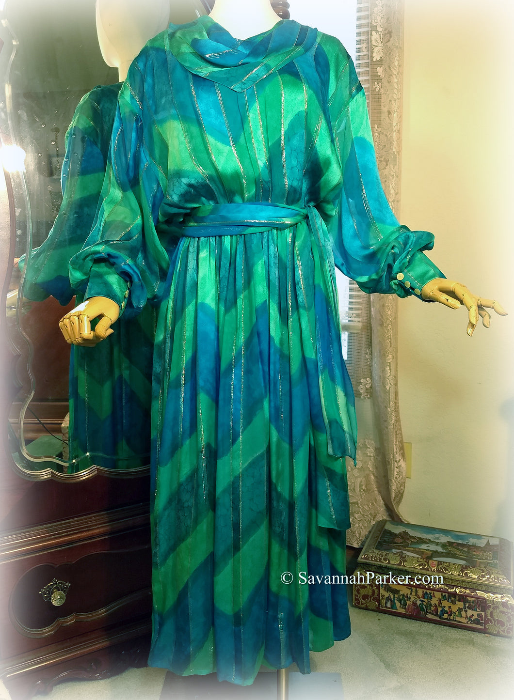 Fabulous Vintage Boho 70s 80s Silk Dress and Sash / The Silk Farm/ Vivid Teal Sea Green Silk Satin Metallic Stripe/ Matching Silk Crepe Slip