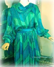 Load image into Gallery viewer, Fabulous Vintage Boho 70s 80s Silk Dress and Sash / The Silk Farm/ Vivid Teal Sea Green Silk Satin Metallic Stripe/ Matching Silk Crepe Slip
