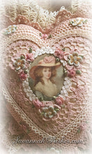 Load image into Gallery viewer, Antique Style Exquisite Romantic Cottage Shabby Chic Pillow - Sweet Blush Pink Crocheted Heart Shape - Antique Laces - Ribbonwork Flowers - MADE TO ORDER
