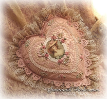 Load image into Gallery viewer, Antique Style Exquisite Romantic Cottage Shabby Chic Pillow - Sweet Blush Pink Crocheted Heart Shape - Antique Laces - Ribbonwork Flowers - MADE TO ORDER
