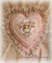 Load image into Gallery viewer, Antique Style Exquisite Romantic Cottage Shabby Chic Pillow - Sweet Blush Pink Crocheted Heart Shape - Antique Laces - Ribbonwork Flowers - MADE TO ORDER
