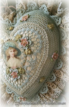 Load image into Gallery viewer, Antique Style Exquisite Romantic Cottage Shabby Chic Pillow - Robin&#39;s Egg Blue Crocheted Heart Shape - Antique Laces - Ribbonwork Flowers - MADE TO ORDER
