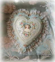 Load image into Gallery viewer, Antique Style Exquisite Romantic Cottage Shabby Chic Pillow - Robin&#39;s Egg Blue Crocheted Heart Shape - Antique Laces - Ribbonwork Flowers - MADE TO ORDER
