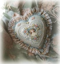 Load image into Gallery viewer, Antique Style Exquisite Romantic Cottage Shabby Chic Pillow - Robin&#39;s Egg Blue Crocheted Heart Shape - Antique Laces - Ribbonwork Flowers - MADE TO ORDER
