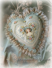 Load image into Gallery viewer, Antique Style Exquisite Romantic Cottage Shabby Chic Pillow - Robin&#39;s Egg Blue Crocheted Heart Shape - Antique Laces - Ribbonwork Flowers - MADE TO ORDER
