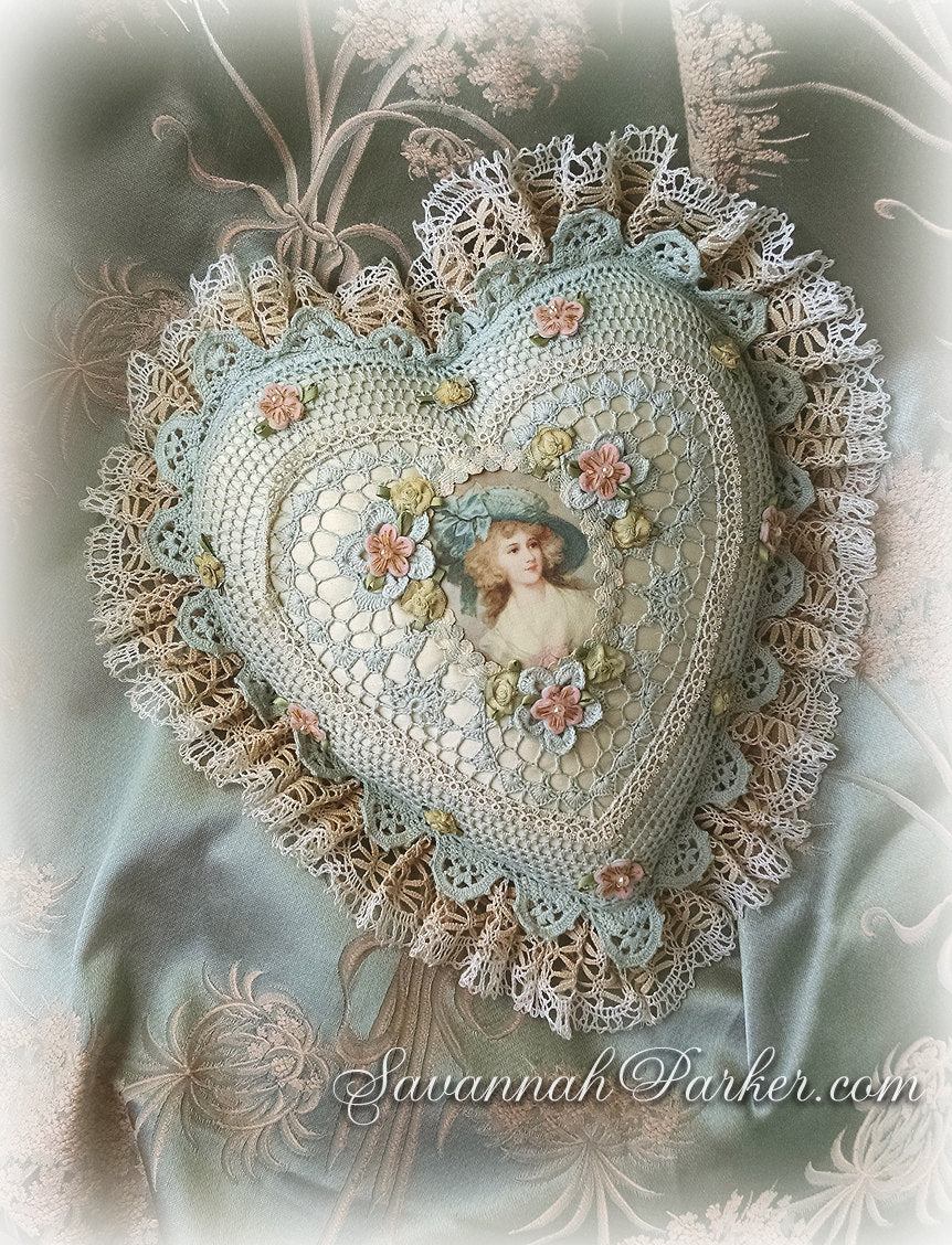 Antique Style Exquisite Romantic Cottage Shabby Chic Pillow - Robin's Egg Blue Crocheted Heart Shape - Antique Laces - Ribbonwork Flowers - MADE TO ORDER
