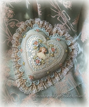 Load image into Gallery viewer, Antique Style Exquisite Romantic Cottage Shabby Chic Pillow - Robin&#39;s Egg Blue Crocheted Heart Shape - Antique Laces - Ribbonwork Flowers - MADE TO ORDER
