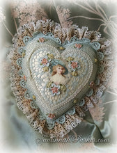 Load image into Gallery viewer, Antique Style Exquisite Romantic Cottage Shabby Chic Pillow - Robin&#39;s Egg Blue Crocheted Heart Shape - Antique Laces - Ribbonwork Flowers - MADE TO ORDER
