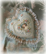 Load image into Gallery viewer, Antique Style Exquisite Romantic Cottage Shabby Chic Pillow - Robin&#39;s Egg Blue Crocheted Heart Shape - Antique Laces - Ribbonwork Flowers - MADE TO ORDER
