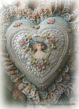 Load image into Gallery viewer, Antique Style Exquisite Romantic Cottage Shabby Chic Pillow - Robin&#39;s Egg Blue Crocheted Heart Shape - Antique Laces - Ribbonwork Flowers - MADE TO ORDER
