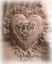 Load image into Gallery viewer, Antique Style Exquisite Romantic Cottage Shabby Chic Pillow - Sweet Blush Pink Crocheted Heart Shape - Antique Laces - Ribbonwork Flowers - MADE TO ORDER
