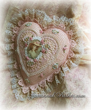 Load image into Gallery viewer, Antique Style Exquisite Romantic Cottage Shabby Chic Pillow - Sweet Blush Pink Crocheted Heart Shape - Antique Laces - Ribbonwork Flowers - MADE TO ORDER
