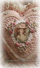 Load image into Gallery viewer, Antique Style Exquisite Romantic Cottage Shabby Chic Pillow - Sweet Blush Pink Crocheted Heart Shape - Antique Laces - Ribbonwork Flowers - MADE TO ORDER
