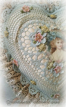 Load image into Gallery viewer, Antique Style Exquisite Romantic Cottage Shabby Chic Pillow - Robin&#39;s Egg Blue Crocheted Heart Shape - Antique Laces - Ribbonwork Flowers - MADE TO ORDER
