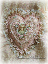 Load image into Gallery viewer, Antique Style Exquisite Romantic Cottage Shabby Chic Pillow - Sweet Blush Pink Crocheted Heart Shape - Antique Laces - Ribbonwork Flowers - MADE TO ORDER
