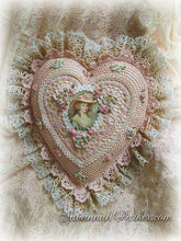 Load image into Gallery viewer, Antique Style Exquisite Romantic Cottage Shabby Chic Pillow - Sweet Blush Pink Crocheted Heart Shape - Antique Laces - Ribbonwork Flowers - MADE TO ORDER
