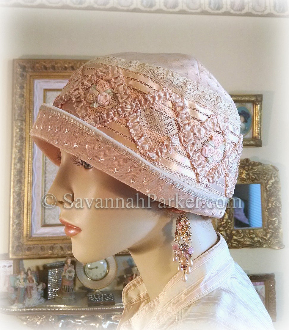 Antique Style 1920s Gatsby Flapper Hat Ribbonwork Downton Abbey Silk Cloche Hat - Antique Lace - Silk Ribbonwork Cloche Hat - Made to Order