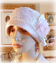 Load image into Gallery viewer, Antique Style 1920s Gatsby Flapper Hat Downton Abbey Silk Summer Cloche Hat - Ready to Ship - SMALL Hat - Ribbonwork - Handmade Silk Flower
