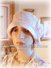 Load image into Gallery viewer, Antique Style 1920s Gatsby Flapper Hat Downton Abbey Silk Summer Cloche Hat - Ready to Ship - SMALL Hat - Ribbonwork - Handmade Silk Flower
