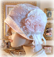 Load image into Gallery viewer, Antique Style 1920s Gatsby Flapper Hat Downton Abbey Silk Summer Cloche Hat - Ready to Ship - SMALL Hat - Ribbonwork - Handmade Silk Flower
