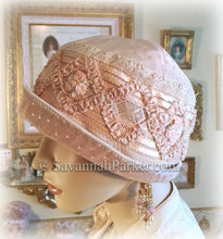 Load image into Gallery viewer, Antique Style 1920s Gatsby Flapper Hat Ribbonwork Downton Abbey Silk Cloche Hat - Antique Lace - Silk Ribbonwork Cloche Hat - Made to Order
