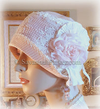 Load image into Gallery viewer, Antique Style 1920s Gatsby Flapper Hat Downton Abbey Silk Summer Cloche Hat - Ready to Ship - SMALL Hat - Ribbonwork - Handmade Silk Flower
