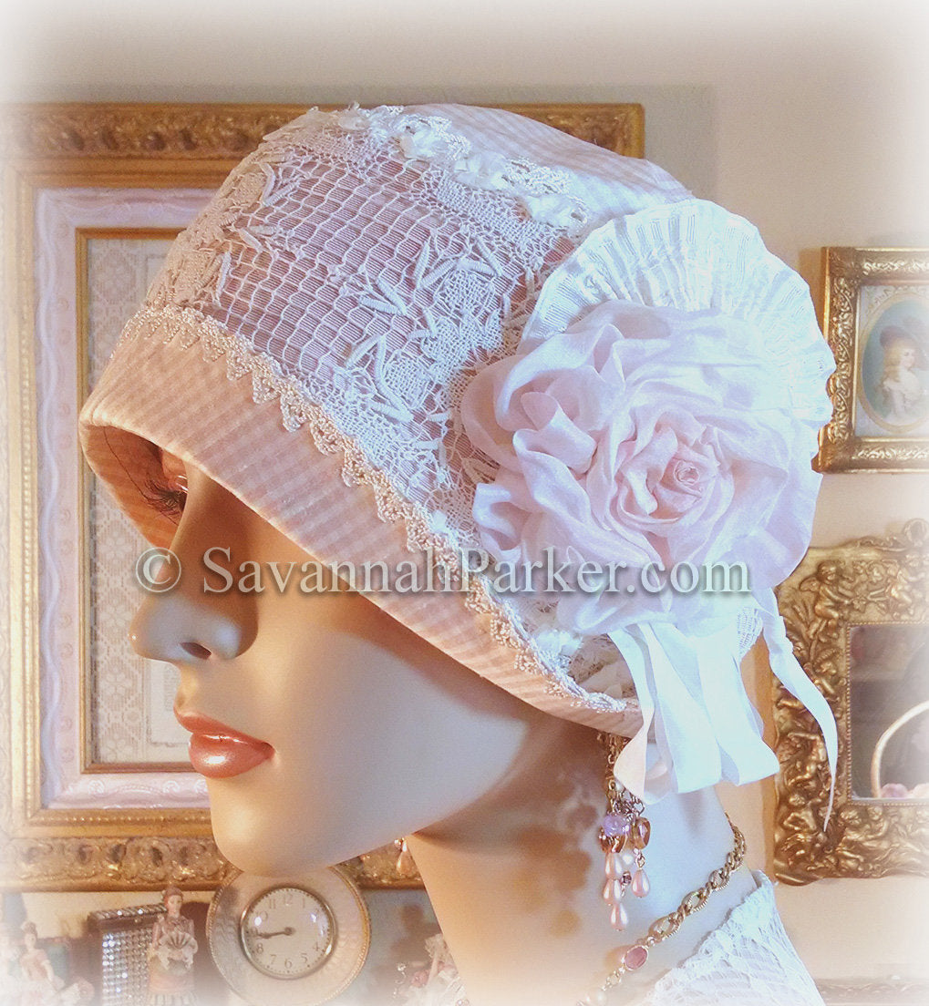Antique Style 1920s Gatsby Flapper Hat Downton Abbey Silk Summer Cloche Hat - Ready to Ship - SMALL Hat - Ribbonwork - Handmade Silk Flower
