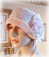 Load image into Gallery viewer, Antique Style 1920s Gatsby Flapper Hat Downton Abbey Silk Summer Cloche Hat - Ready to Ship - SMALL Hat - Ribbonwork - Handmade Silk Flower
