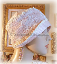 Load image into Gallery viewer, Antique Style 1920s Gatsby Flapper Hat Downton Abbey Silk Summer Cloche Hat - Ready to Ship - SMALL Hat - Ribbonwork - Handmade Silk Flower
