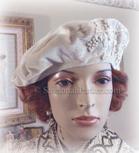 Load image into Gallery viewer, 1920s Vintage Style French Silk Velvet Beret - Tam Hat - Made to Order - Silk Velvet Antique Style Hat - Beaded Antique Lace Beret Hat
