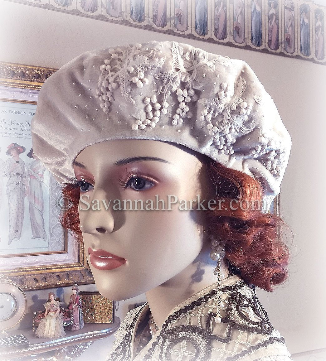 1920s Vintage Style French Silk Velvet Beret - Tam Hat - Made to Order - Silk Velvet Antique Style Hat - Beaded Antique Lace Beret Hat