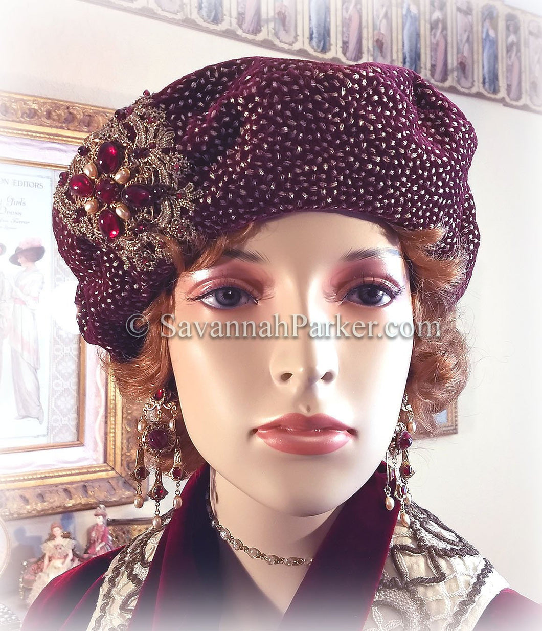 SOLD OUT 1920s French Metallic Silk Velvet Renaissance Beret, Tam Hat, Wine Silk Velvet French Bohemian Hat, Garnet Beadwork, Beret, MADE TO ORDER