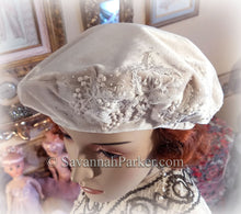 Load image into Gallery viewer, 1920s Vintage Style French Silk Velvet Beret - Tam Hat - Made to Order - Silk Velvet Antique Style Hat - Beaded Antique Lace Beret Hat
