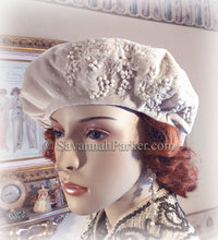 Load image into Gallery viewer, 1920s Vintage Style French Silk Velvet Beret - Tam Hat - Made to Order - Silk Velvet Antique Style Hat - Beaded Antique Lace Beret Hat
