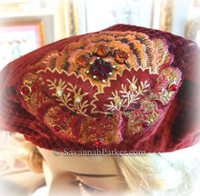 Load image into Gallery viewer, SOLD 1920s Autumn Red French Silk Velvet Renaissance Beret Tam Hat, Lush Silk Velvet French Bohemian Hat, Jeweled Embroidery, Ready to Ship Hat
